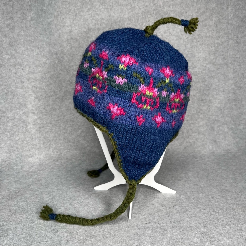 Lost Horizons 100% Wool Beanie Ear Flap Hat Fair Trade Nepal Artisan Hand Knit - Picture 3 of 11